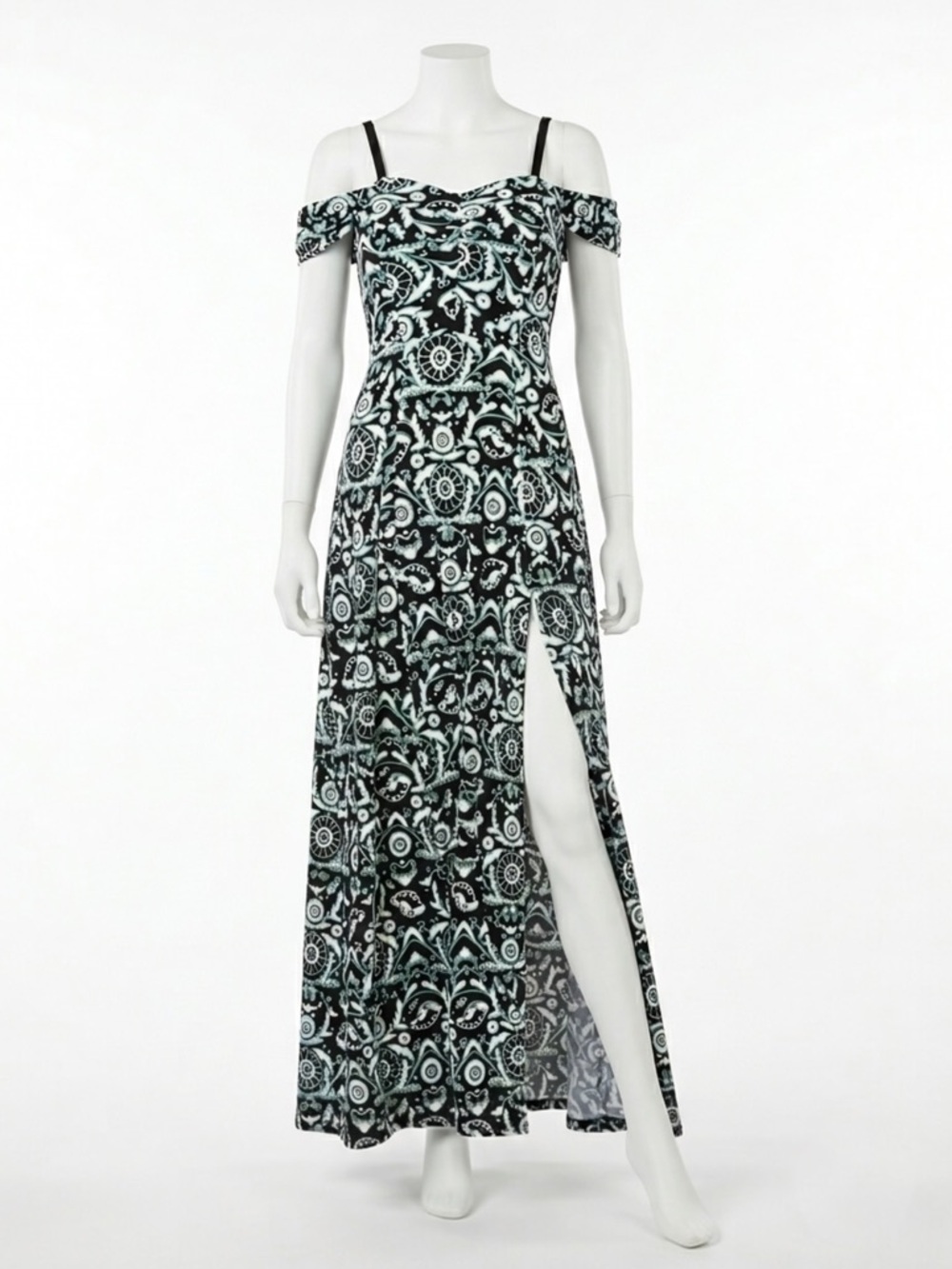 New York & Company Eva Mendes Medallion Cold Shoulder Maxi Dress High Slit Sz M